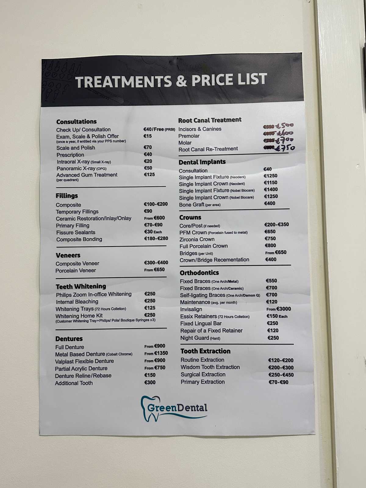 Dental treatment price list